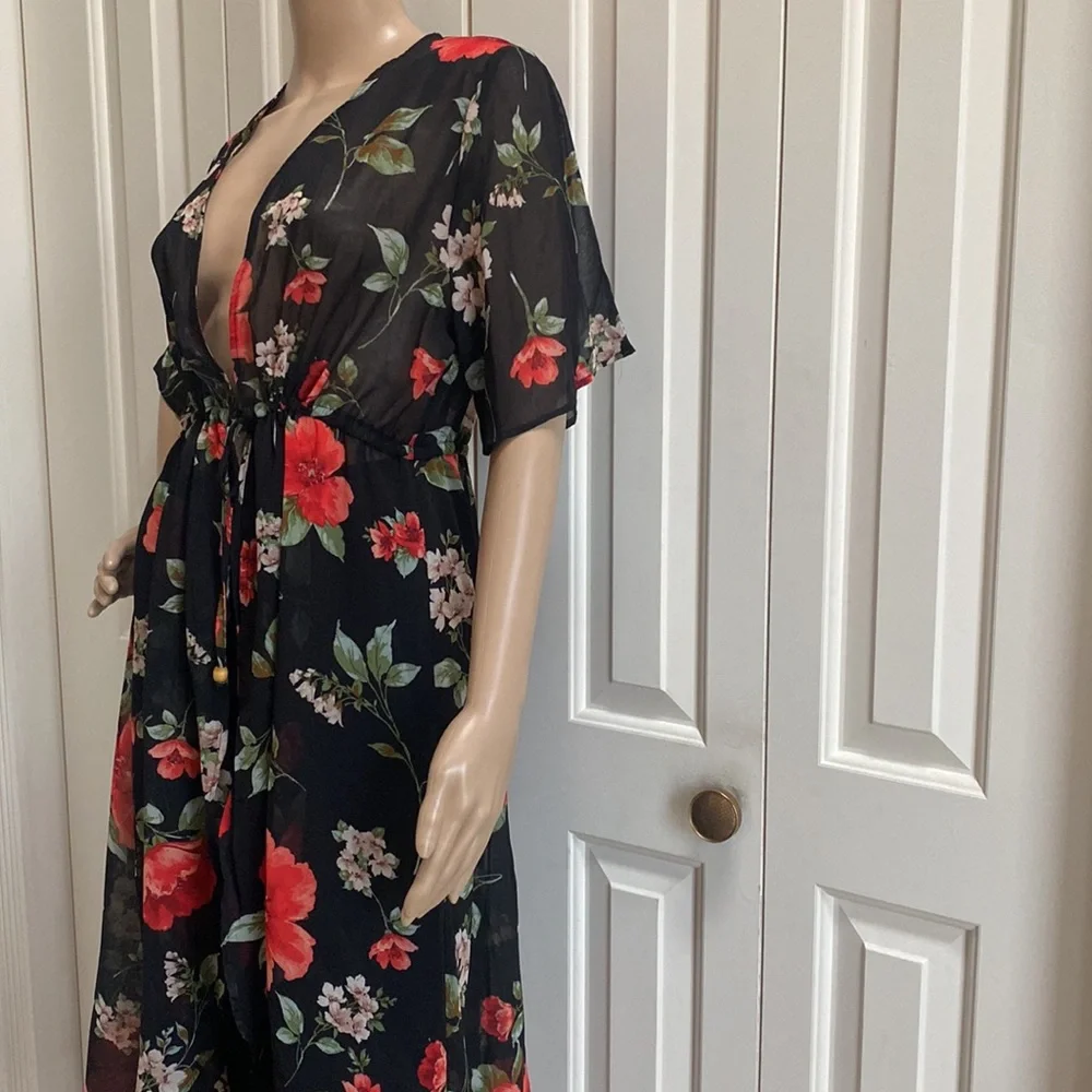 Cure. Womens L Black Sheer Robe With Floral Pattern. So Pretty. Adjusted Tie - Picture 5 of 11